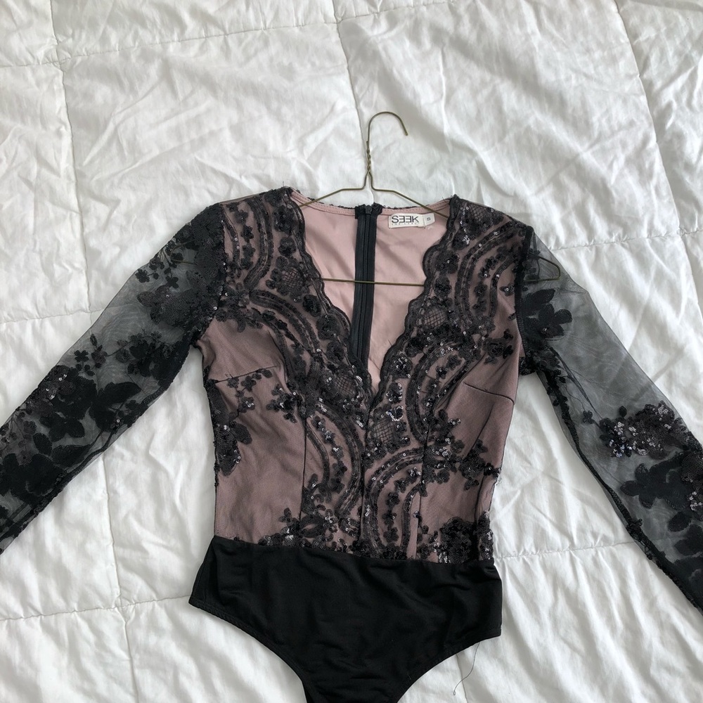 LF Seek Floral mesh black bodysuit